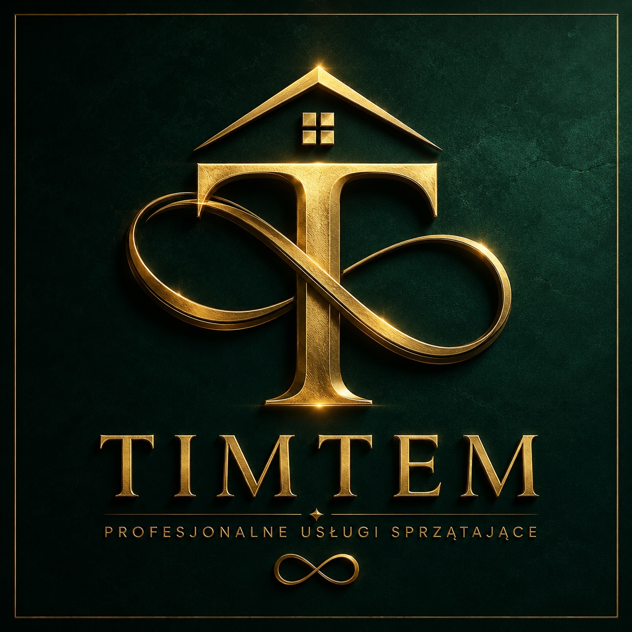 Logo TIMTEM — złoty monogram T, symbol nieskończoności i napis Profesjonalne Usługi Sprzątające